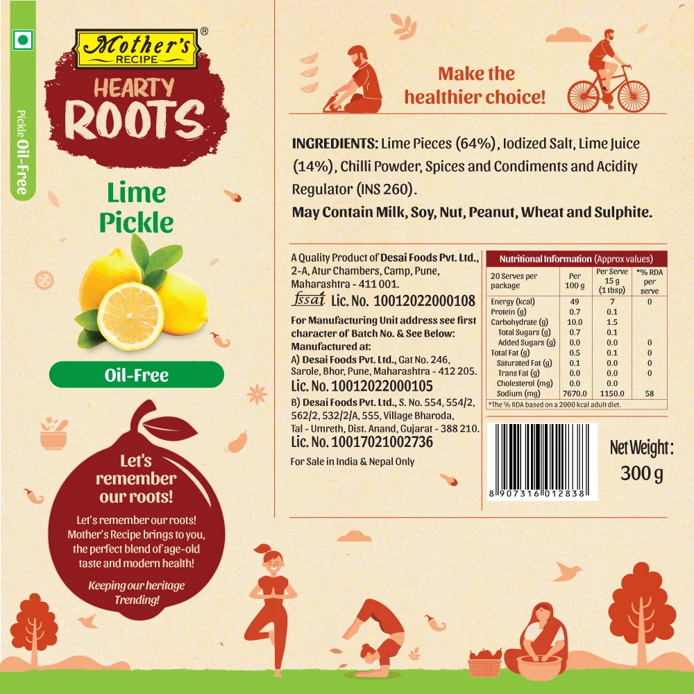 Mothers Recipe Hearty Roots Lime Pickle - Oil free