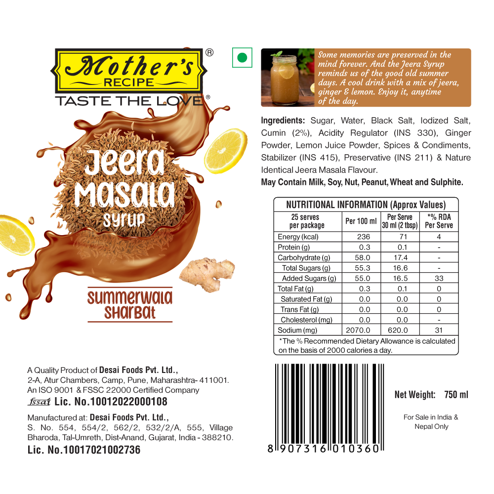 Mothers Recipe Jeera Masala Syrup 750 ml