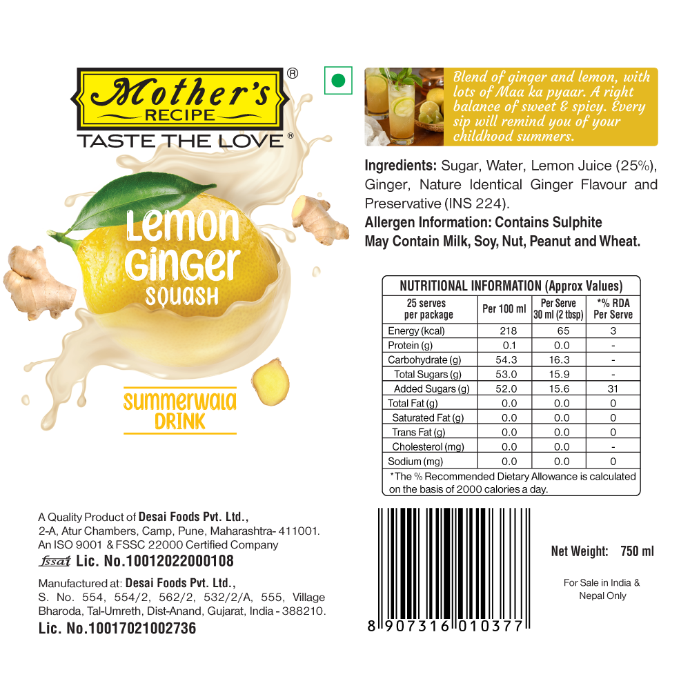Mother’S Recipe Lemon Ginger 750 ml