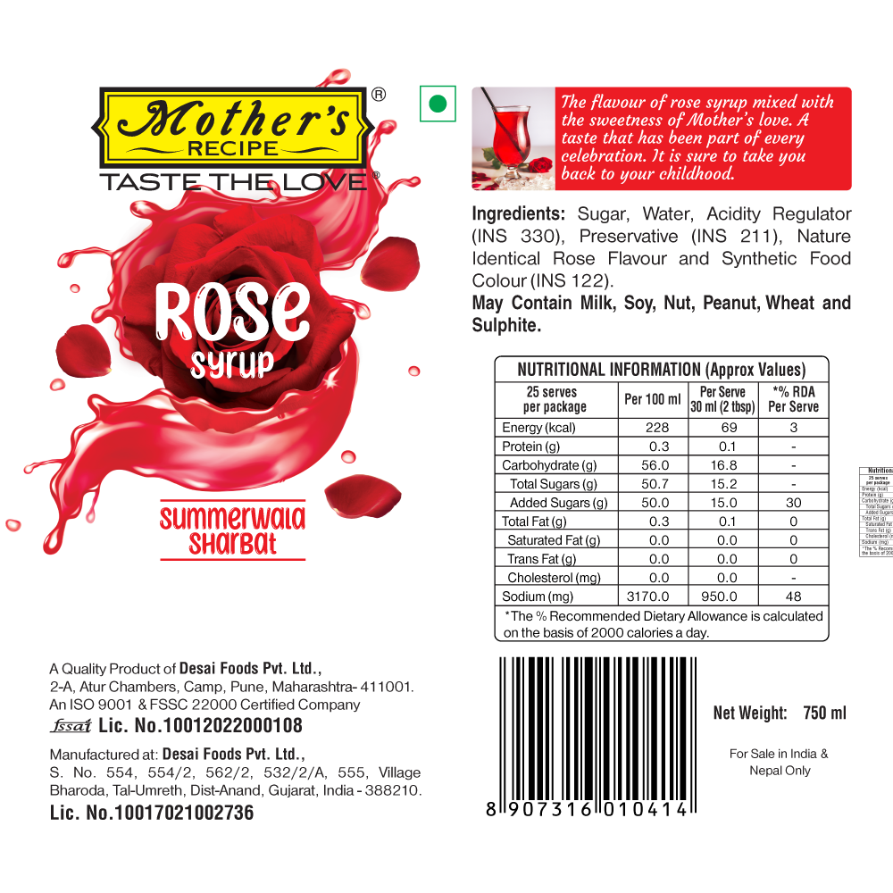 Mother’S Recipe Rose Syrup 750 ml